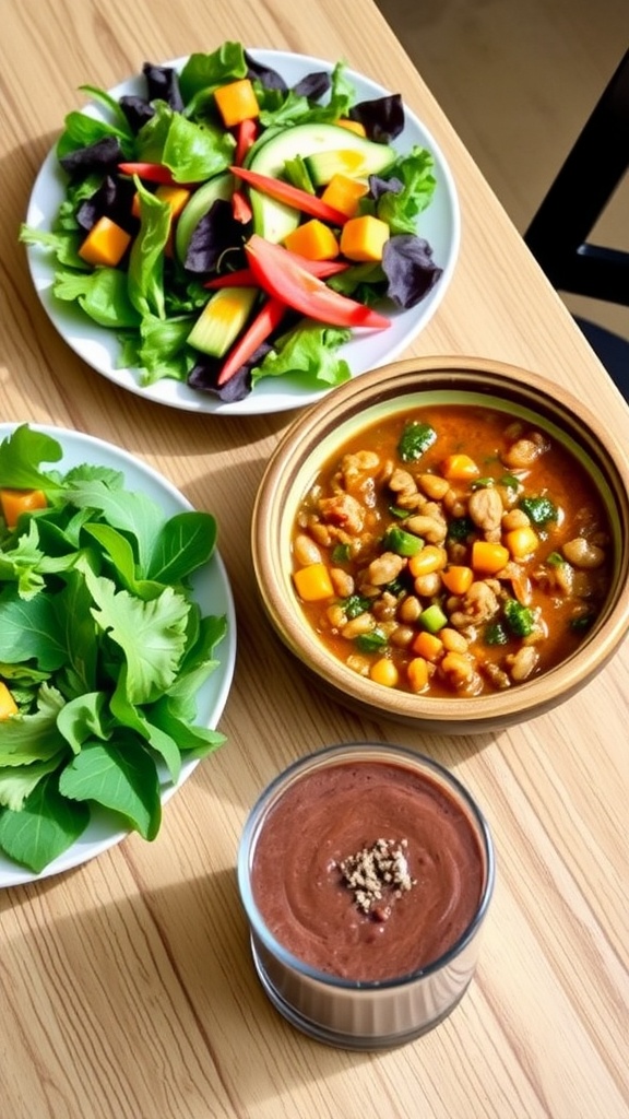 A three-course vegan meal: salad, lentil stew, and chocolate mousse on a wooden table.